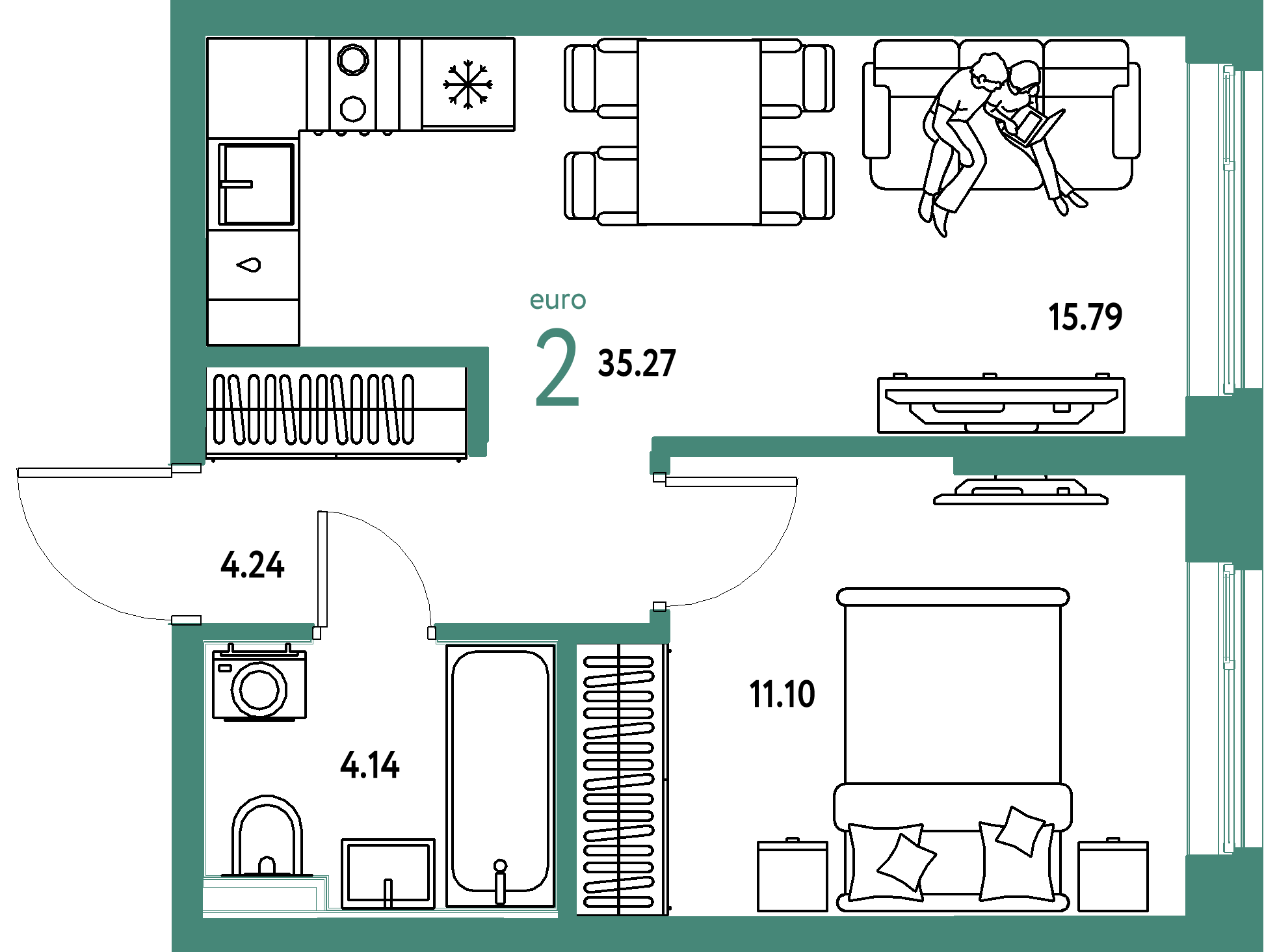 Планировка: Евродвушка 35,27 м² в ЖК «Остров-сад»