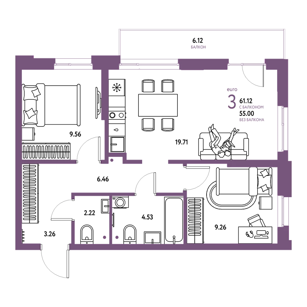 Планировка: Евротрёшка 61,12 м²