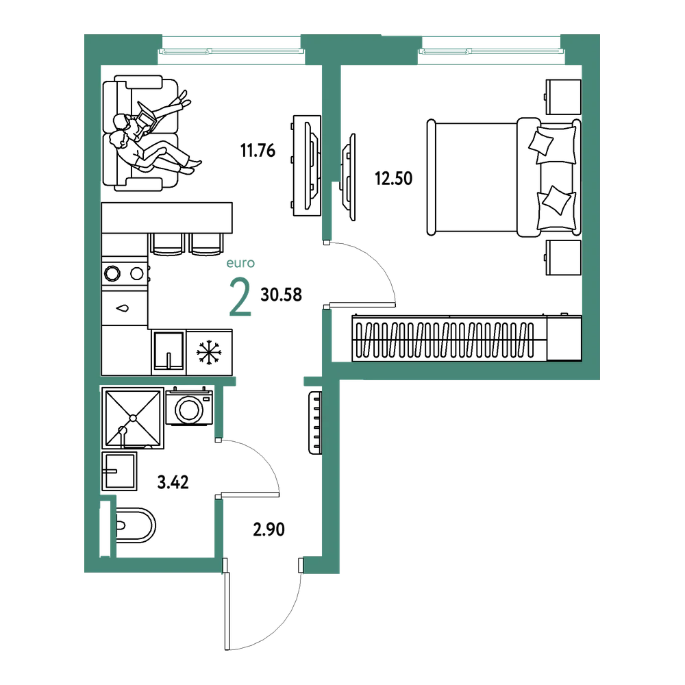Планировка: Евродвушка 30,58 м²