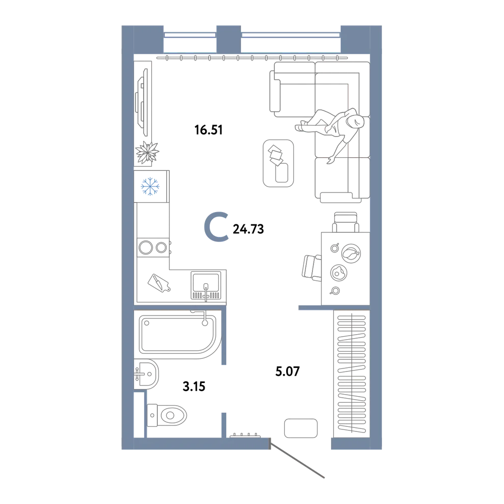 Планировка: Студия 24,73 м²