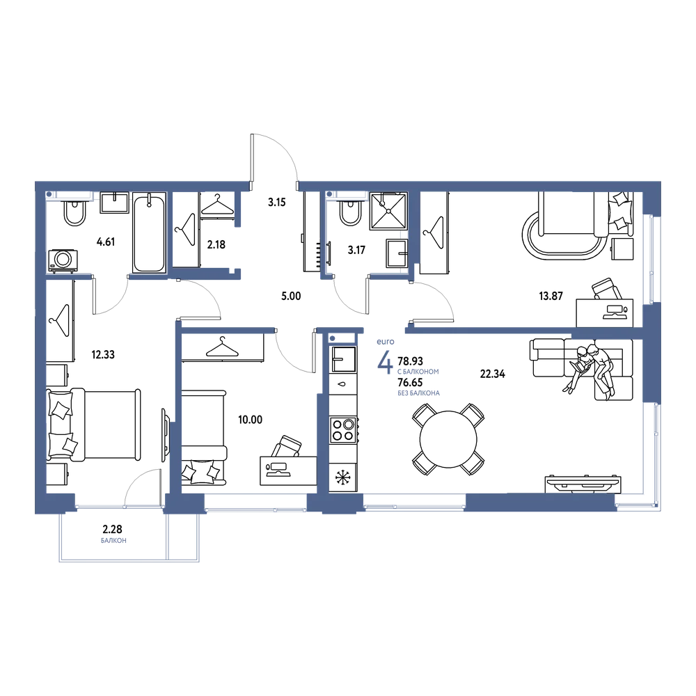 Планировка: Евро-4 78,93 м²