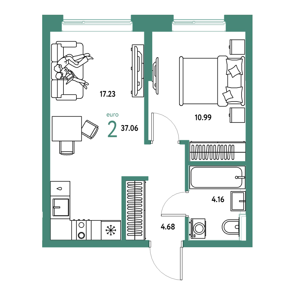 Планировка: Евродвушка 37,06 м²
