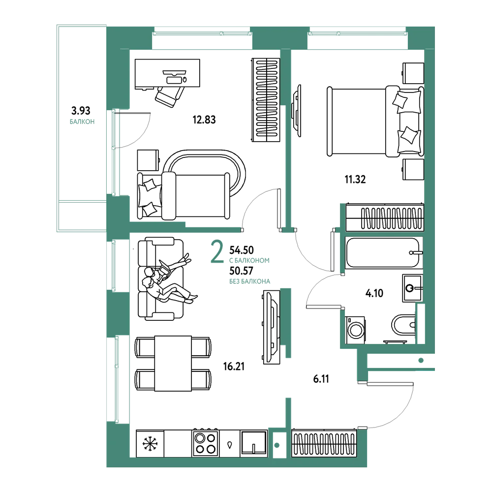 Планировка: 2-комнатная 54,5 м²