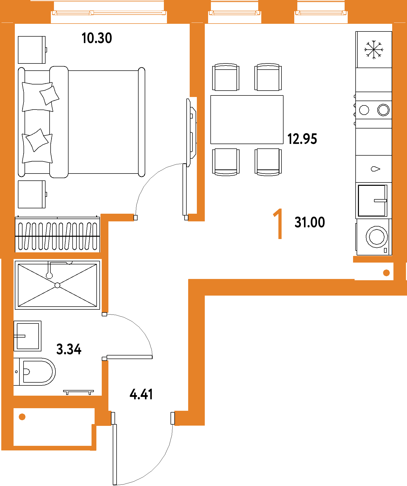 Планировка: 1-комнатная 31 м² в ЖК «Домашний»
