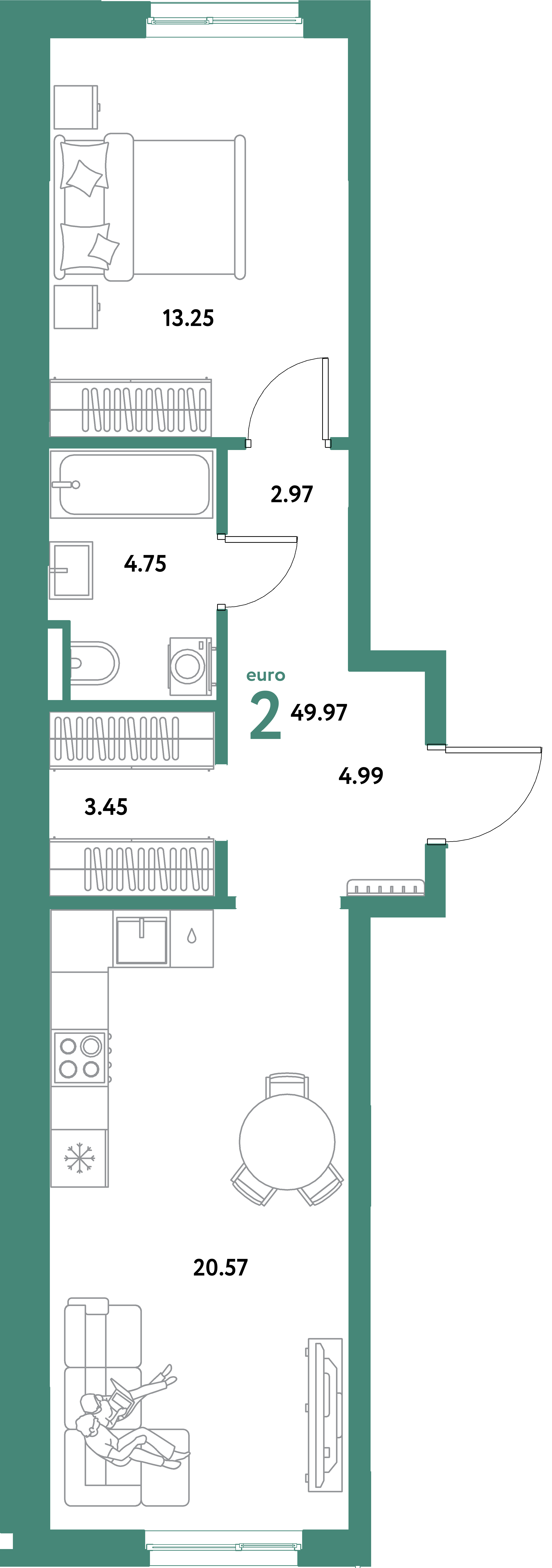 Планировка: Евродвушка 49,97 м² в ЖК «Остров-сад»