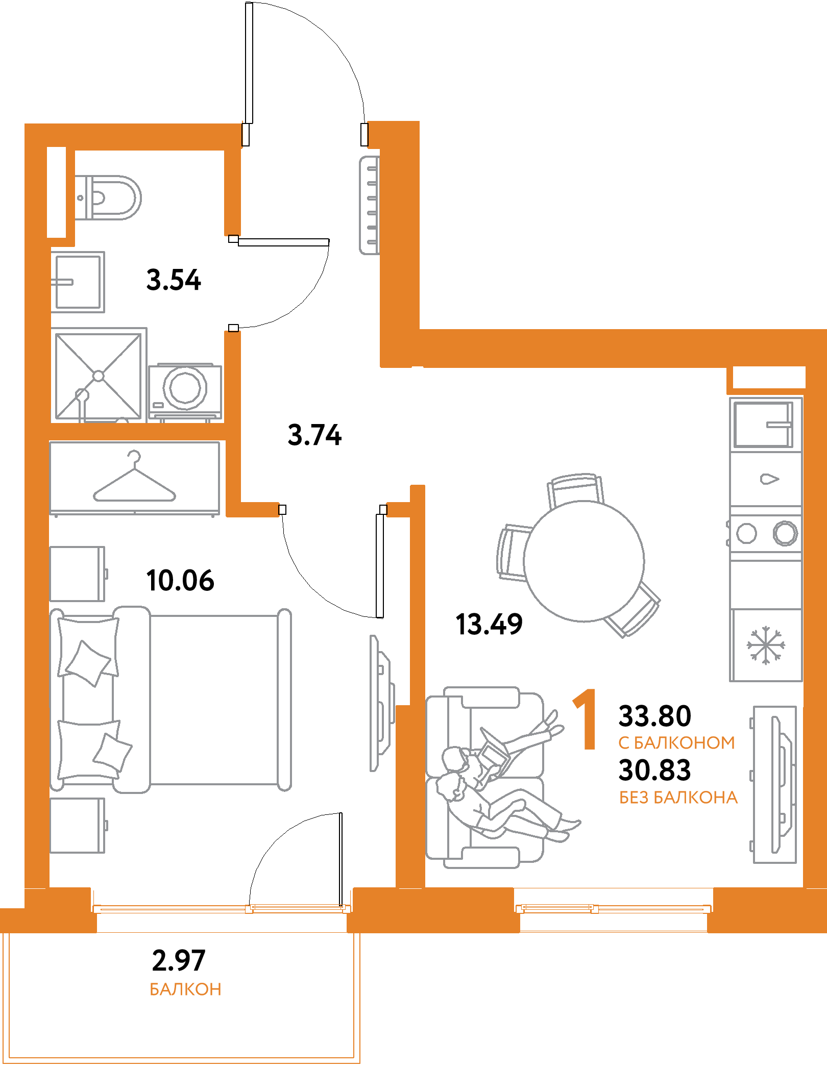 Планировка: 1-комнатная 33,8 м² в ЖК «Остров-сад»
