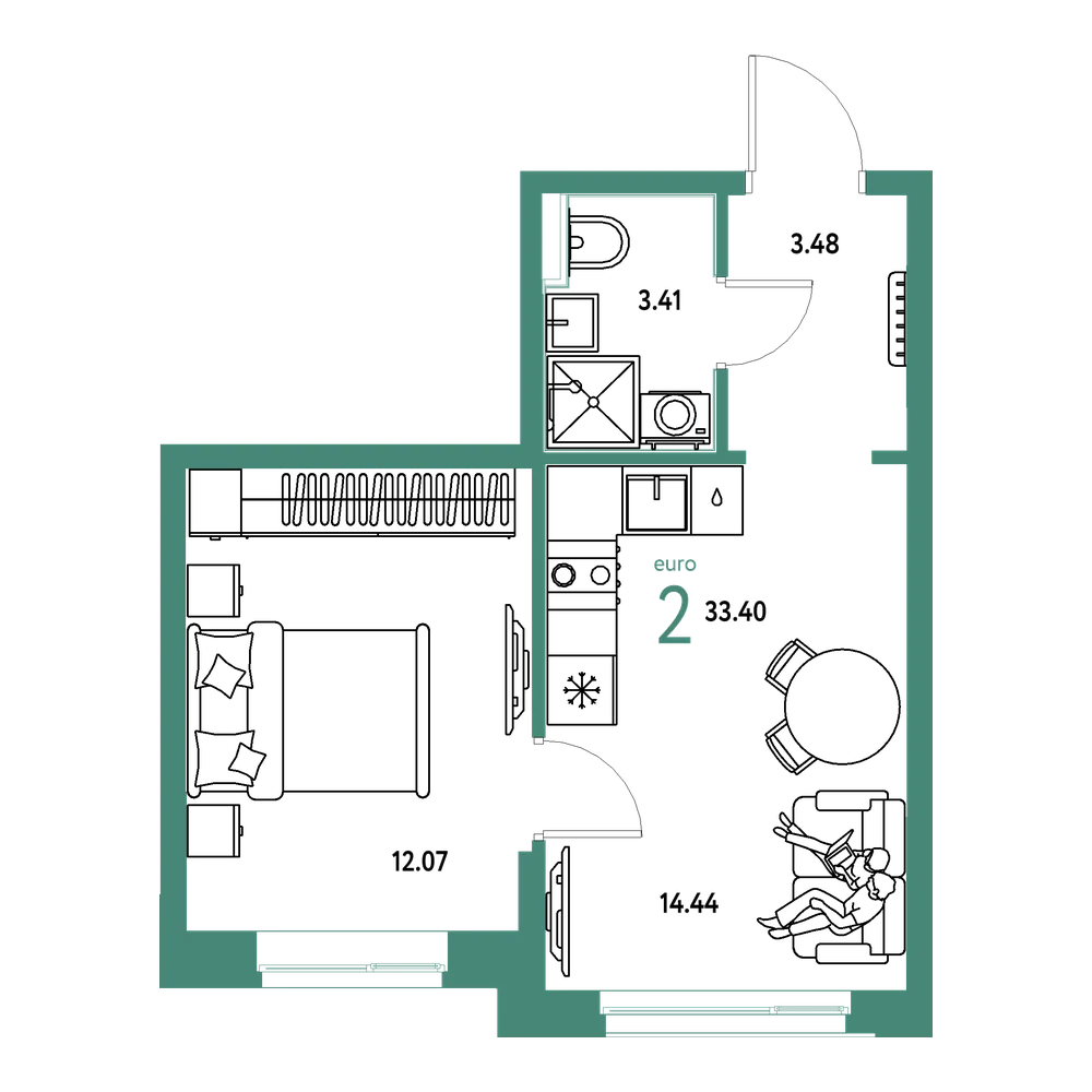 Планировка: Евродвушка 33,4 м²