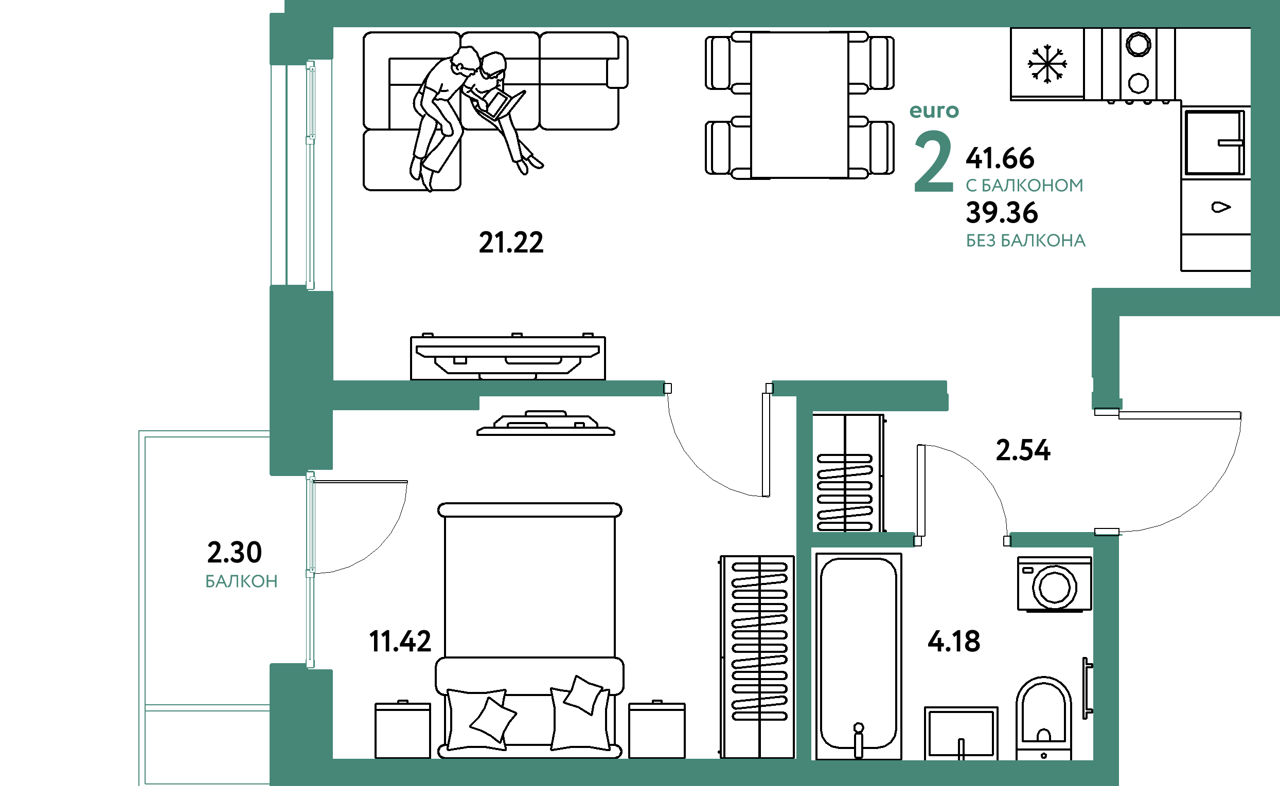 Планировка: Евродвушка 41,66 м² в ЖК «Европейский берег 2.0»