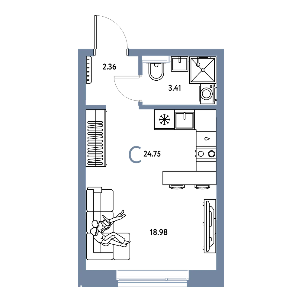 Планировка: Студия 24,75 м²