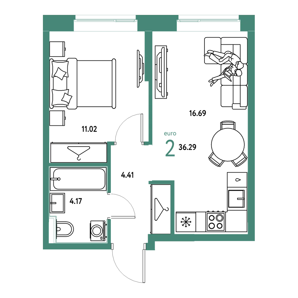 Планировка: Евродвушка 36,29 м²
