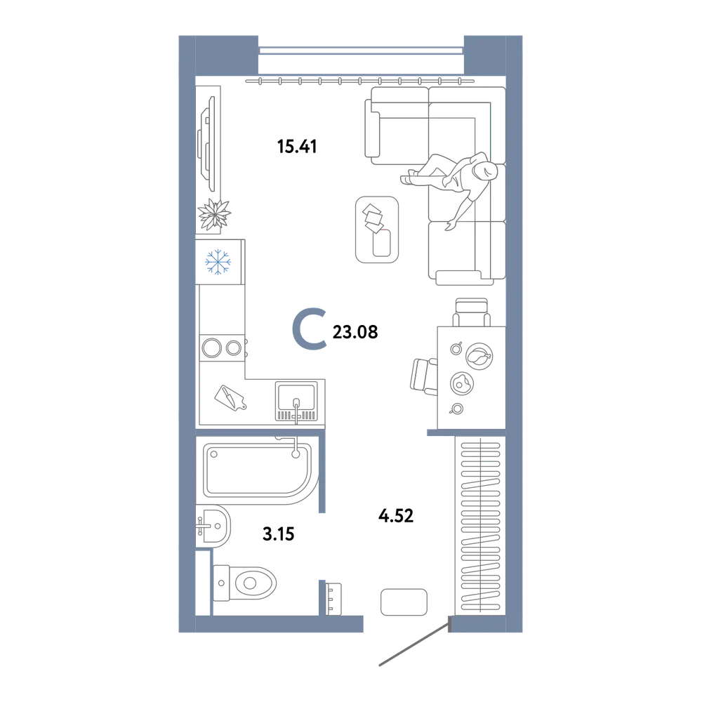 Планировка: Студия 23,08 м²