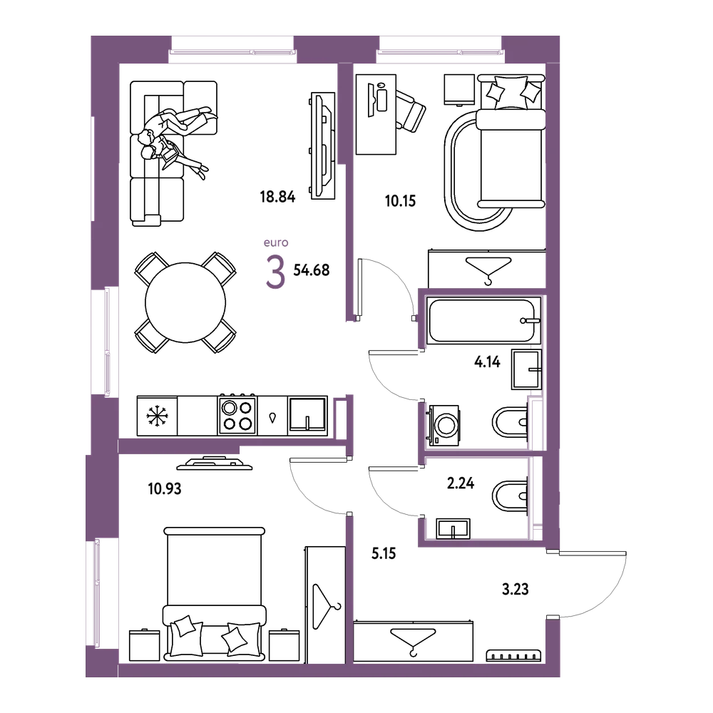 Планировка: Евротрёшка 54,7 м²
