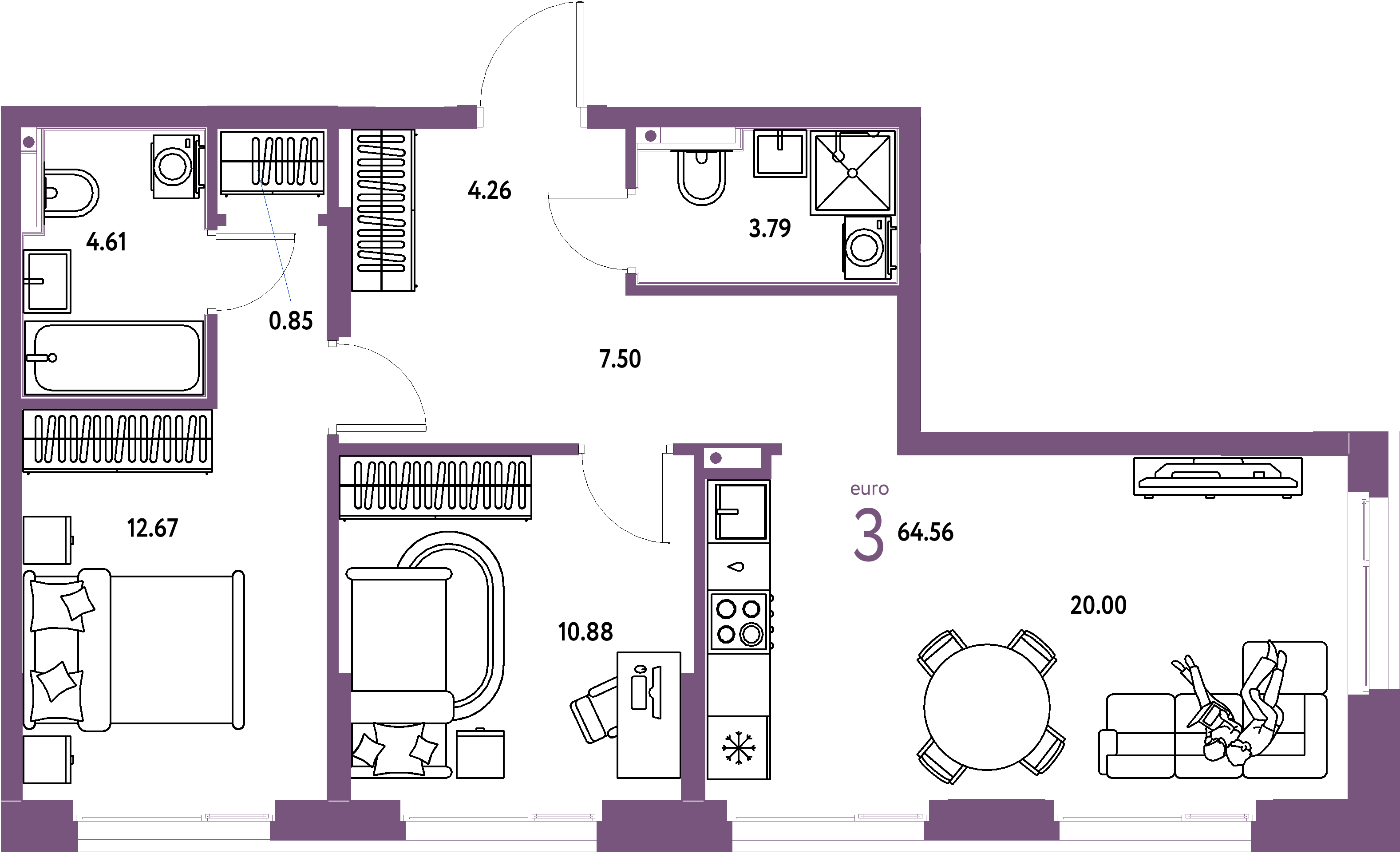 Планировка: Евротрёшка 64,67 м² в ЖК «Домашний»