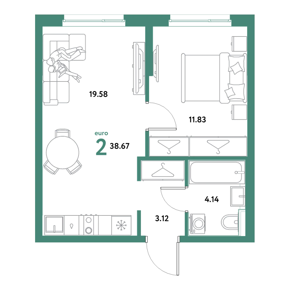 Планировка: Евродвушка 38,67 м²