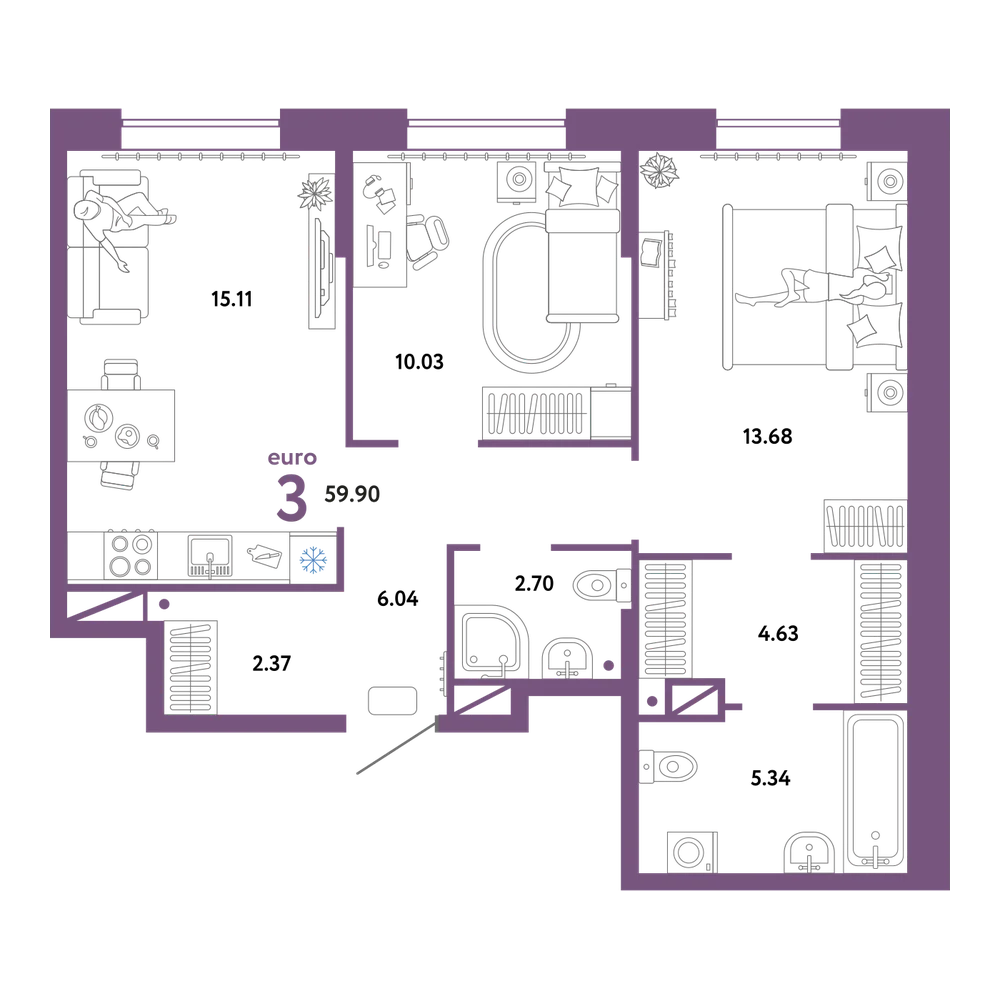 Планировка: Евротрёшка 59,9 м²