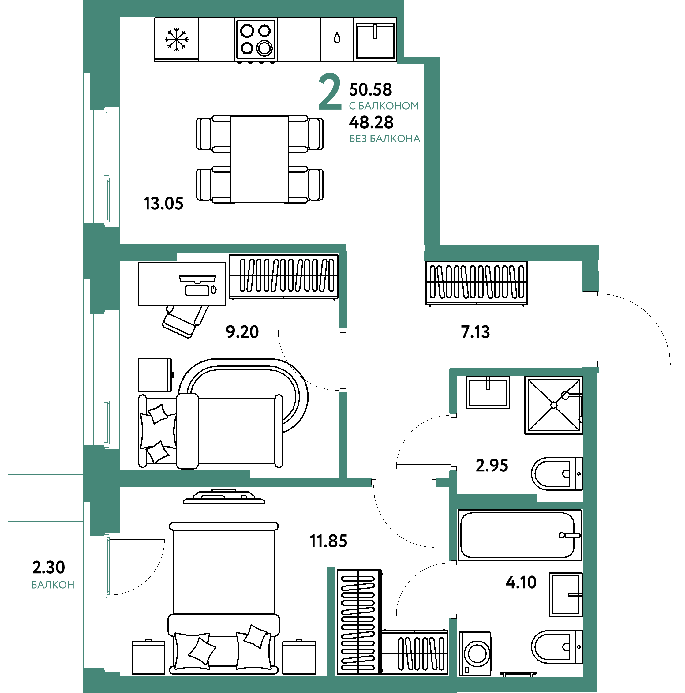 Планировка: 2-комнатная 50,58 м² в ЖК «Европейский берег 2.0»