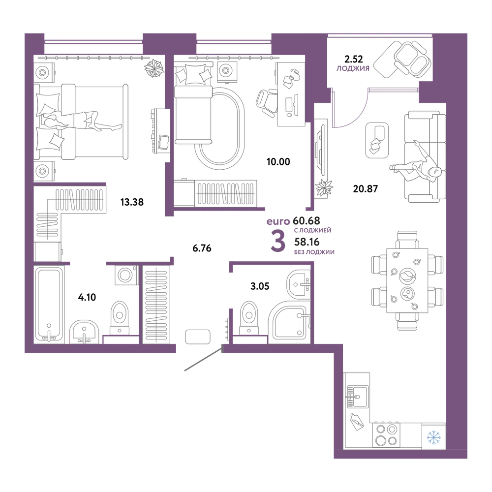 Планировка: Евротрёшка 60,68 м²