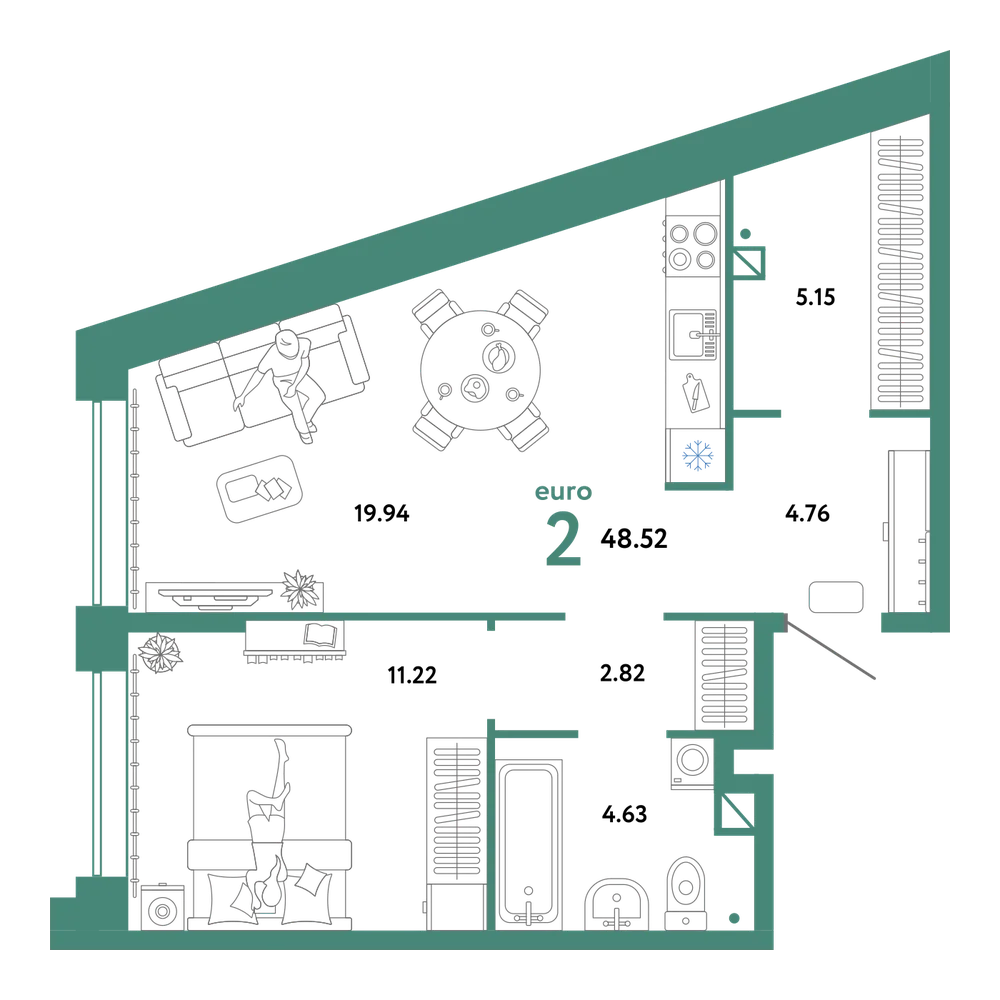 Планировка: Евродвушка 48,52 м²