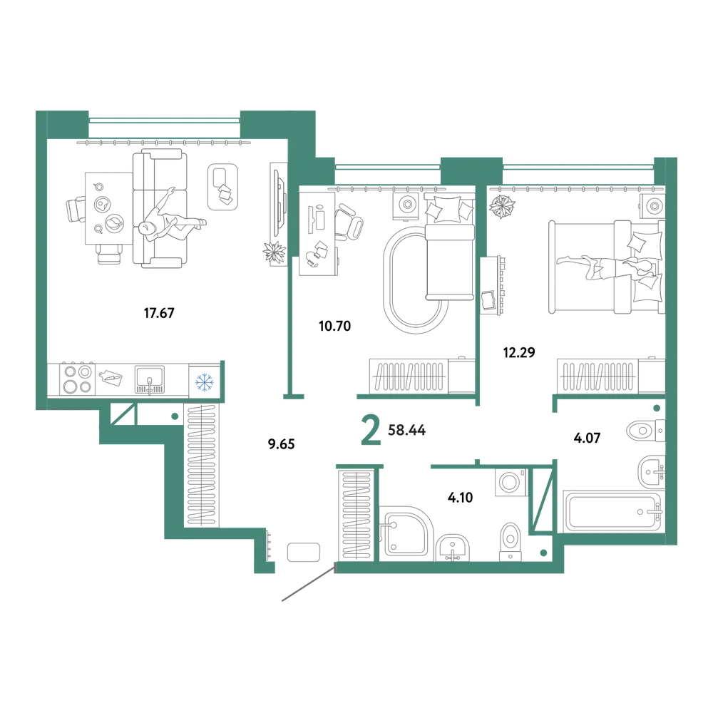 Планировка: 2-комнатная 58,44 м²