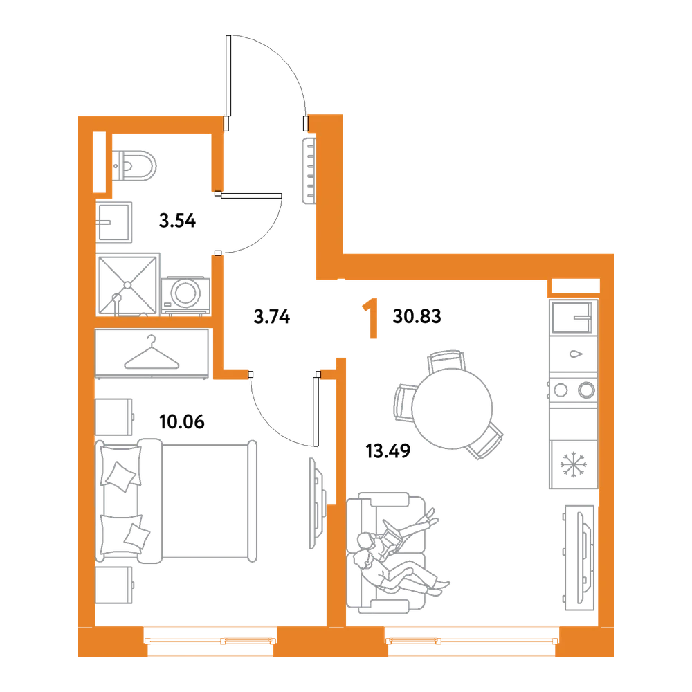 Планировка: 1-комнатная 30,83 м²