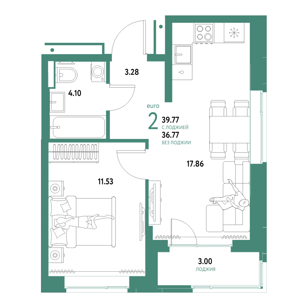 Планировка: Евродвушка 39,77 м²