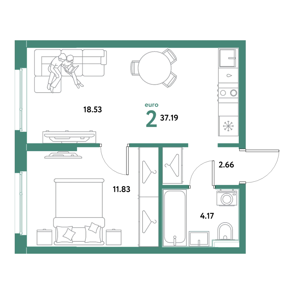 Планировка: Евродвушка 37,19 м²