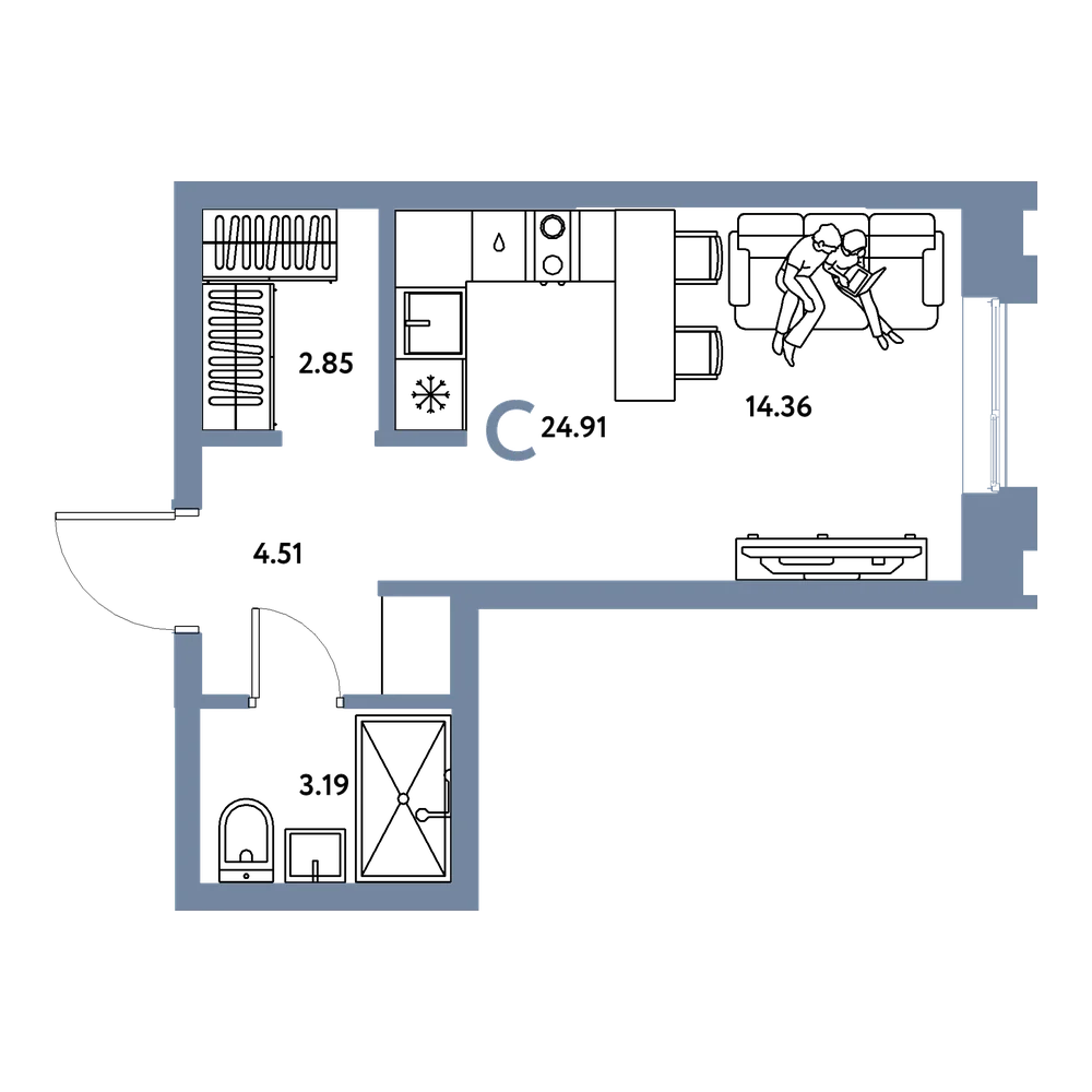 Планировка: Студия 24,91 м²