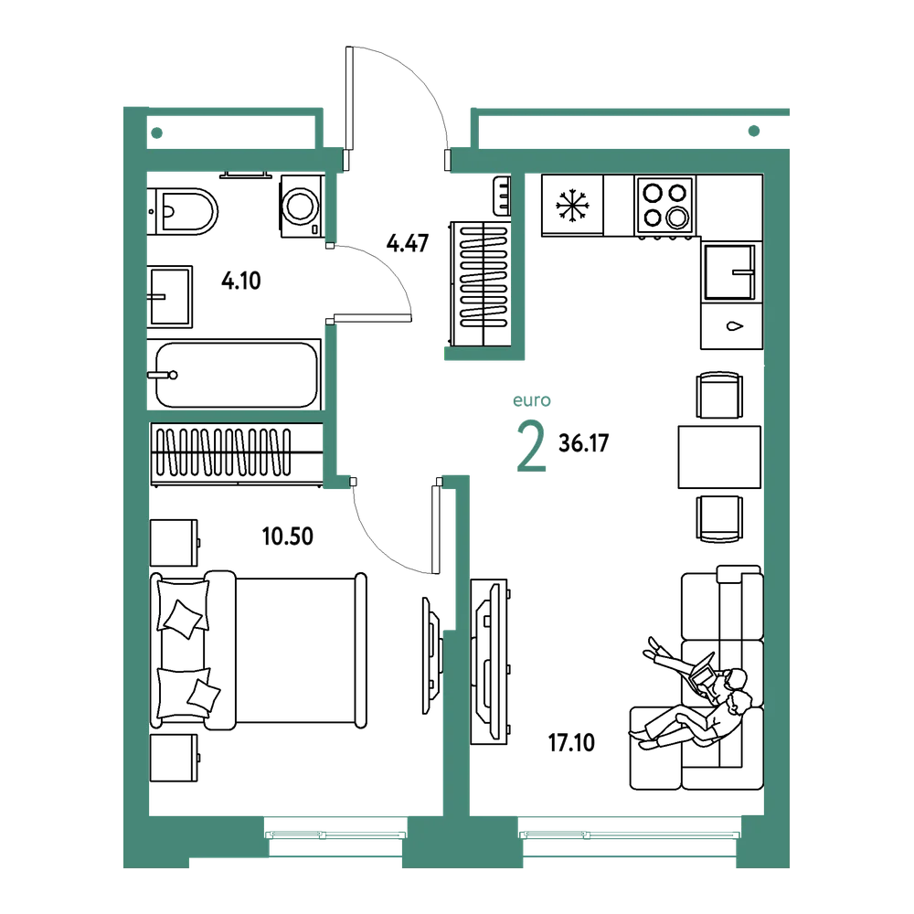 Планировка: Евродвушка 36,17 м²