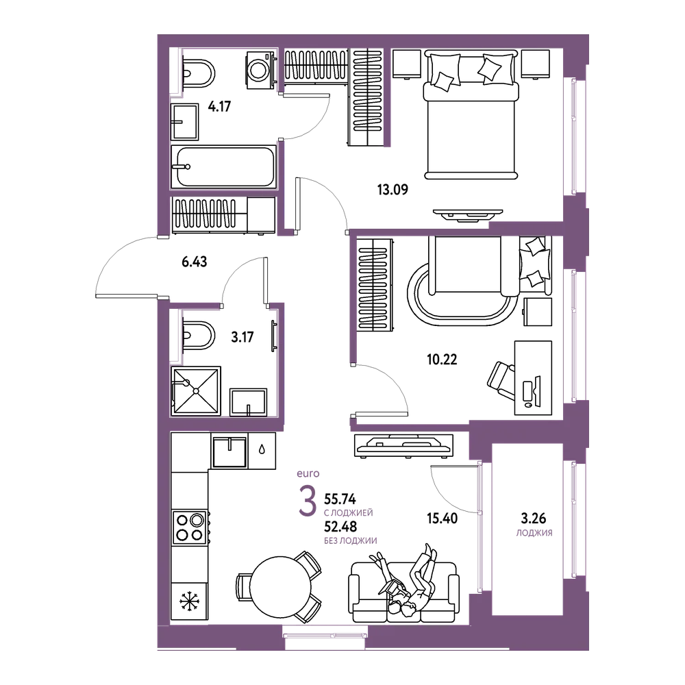 Планировка: Евротрёшка 55,74 м²