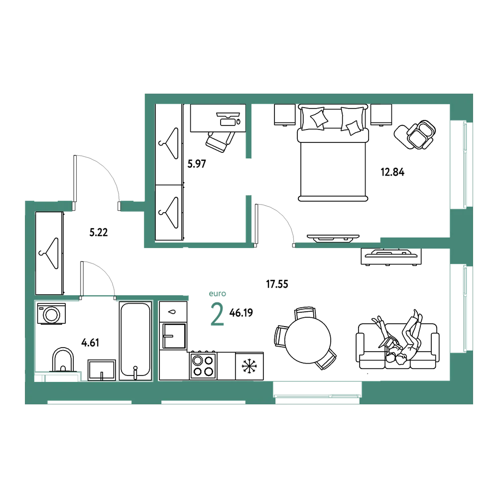 Планировка: Евродвушка 46,19 м²