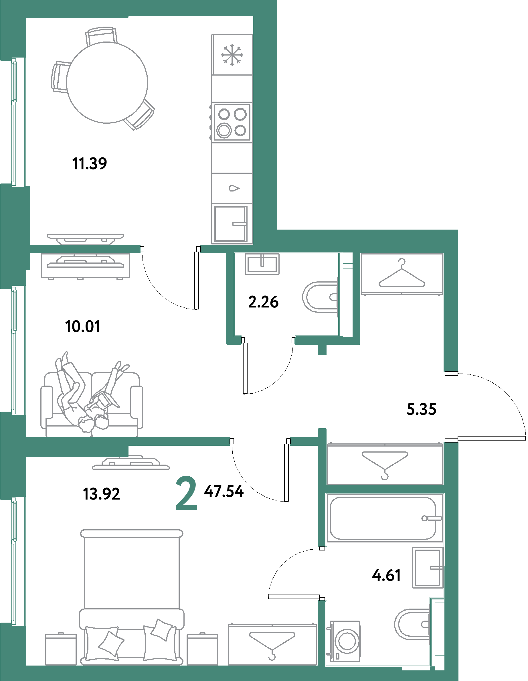 Планировка: 2-комнатная 47,54 м² в ЖК «Остров-сад»