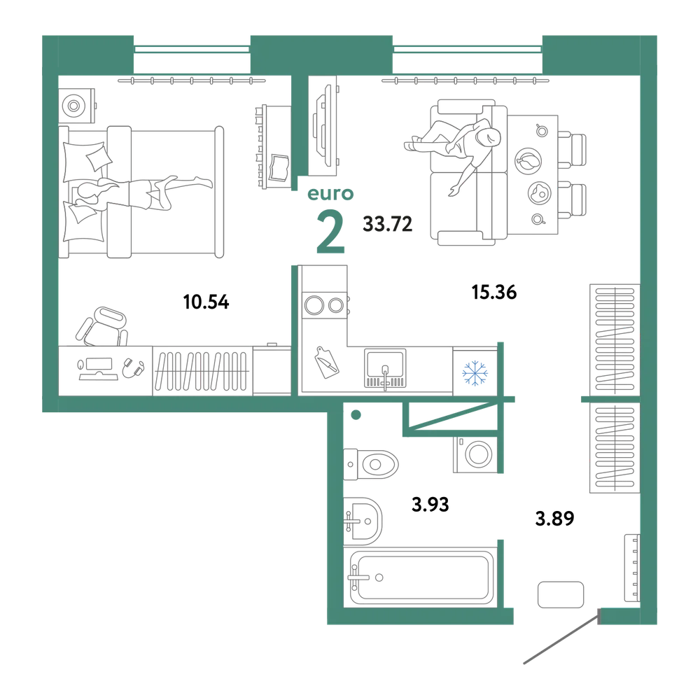 Планировка: Евродвушка 33,72 м²