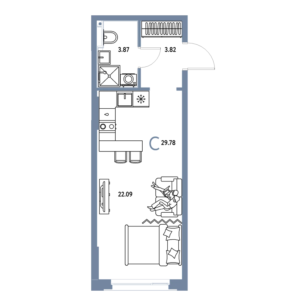 Планировка: Студия 29,78 м²