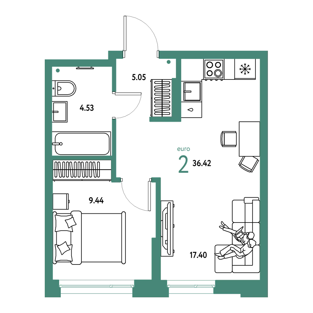 Планировка: Евродвушка 36,42 м²
