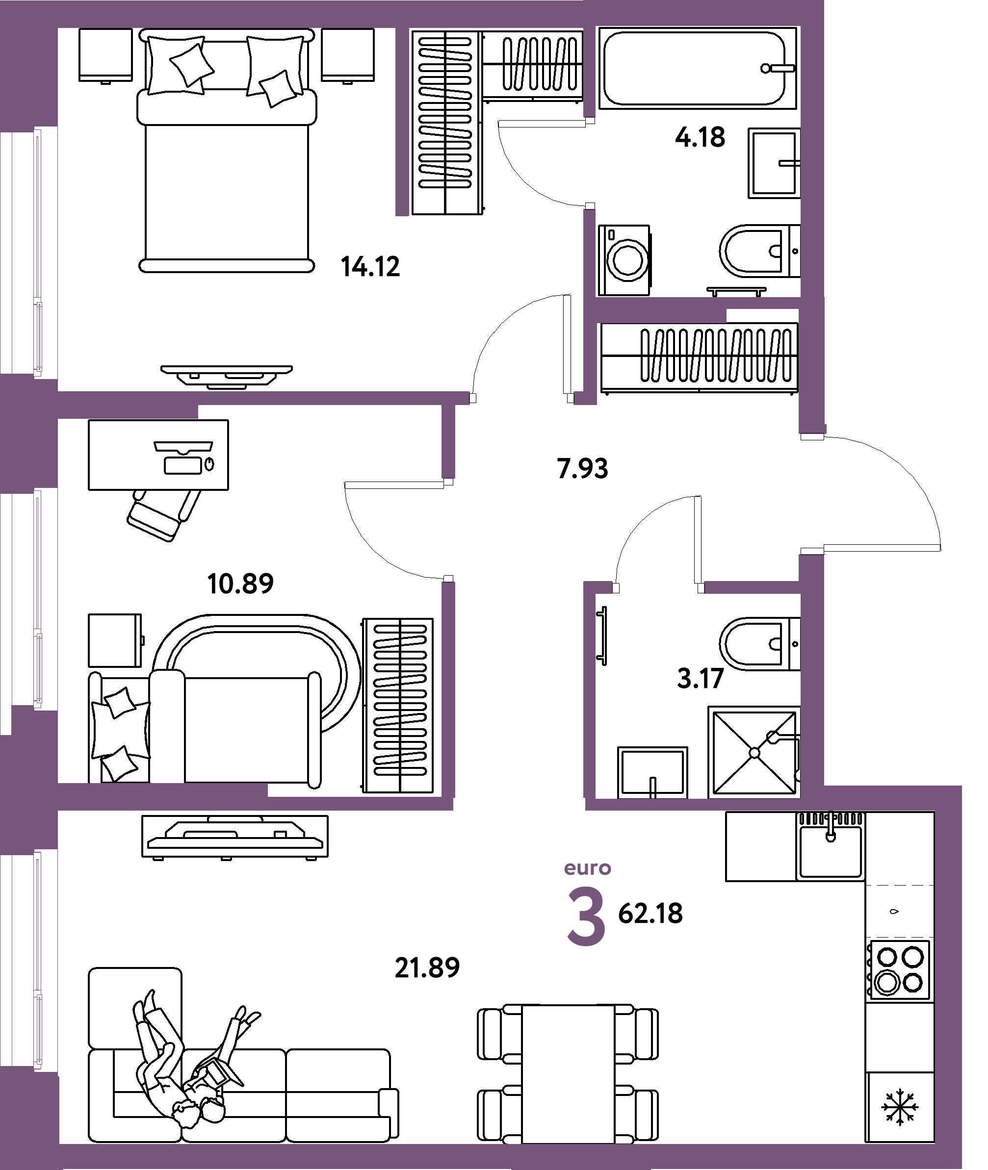 Планировка: Евротрёшка 62,18 м² в ЖК «Европейский берег 2.0»