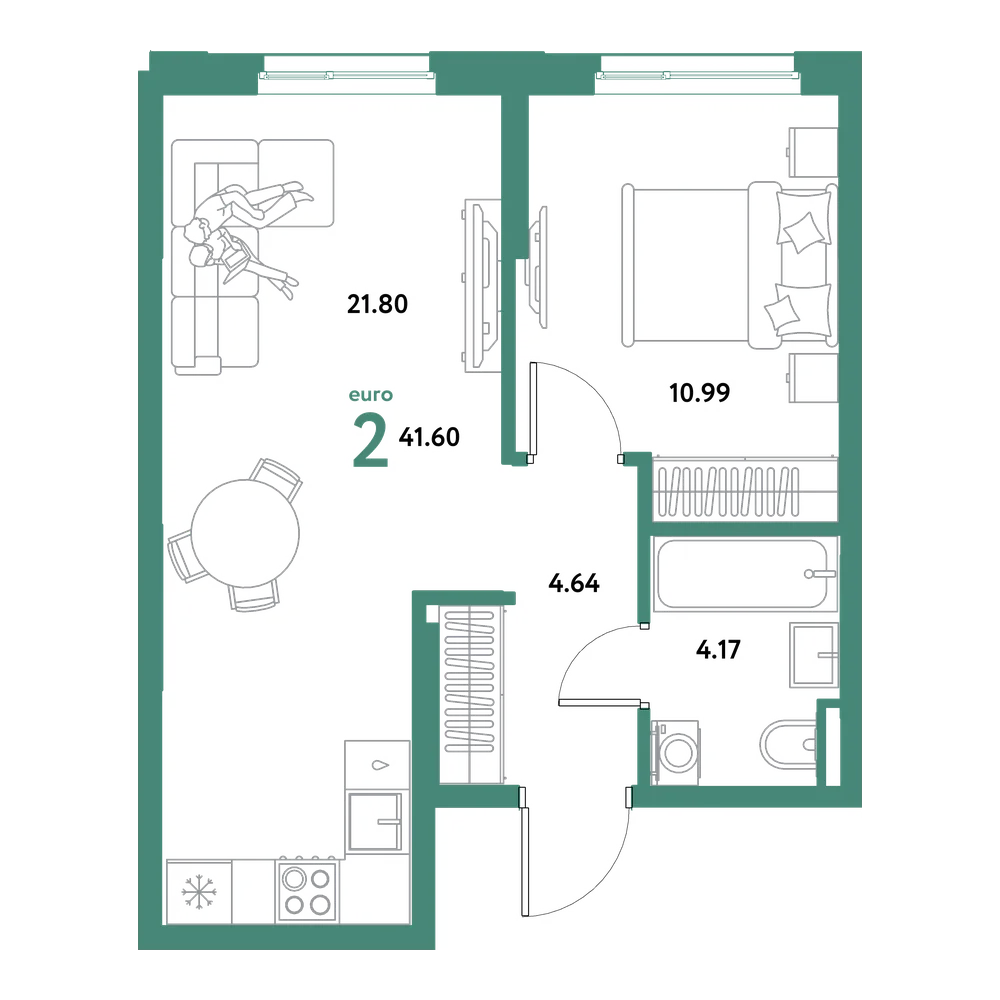 Планировка: Евродвушка 41,6 м²