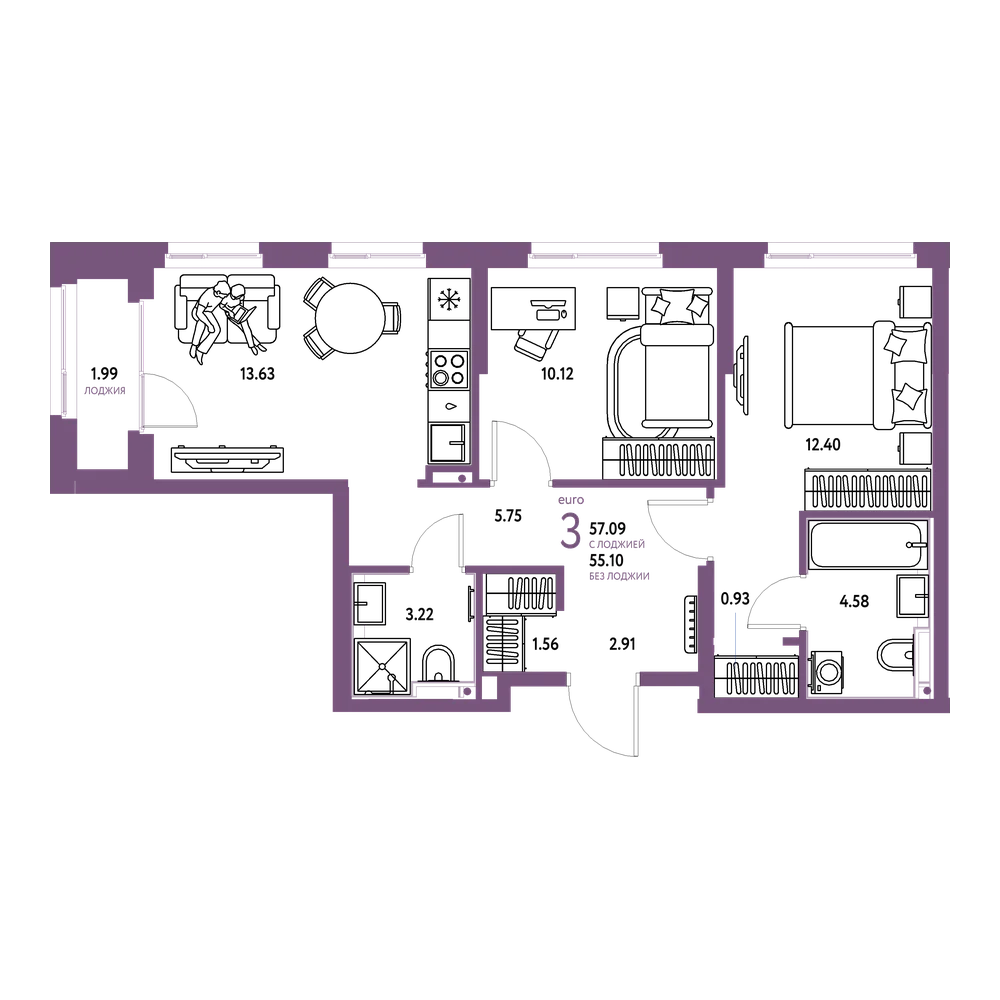 Планировка: Евротрёшка 57,09 м²