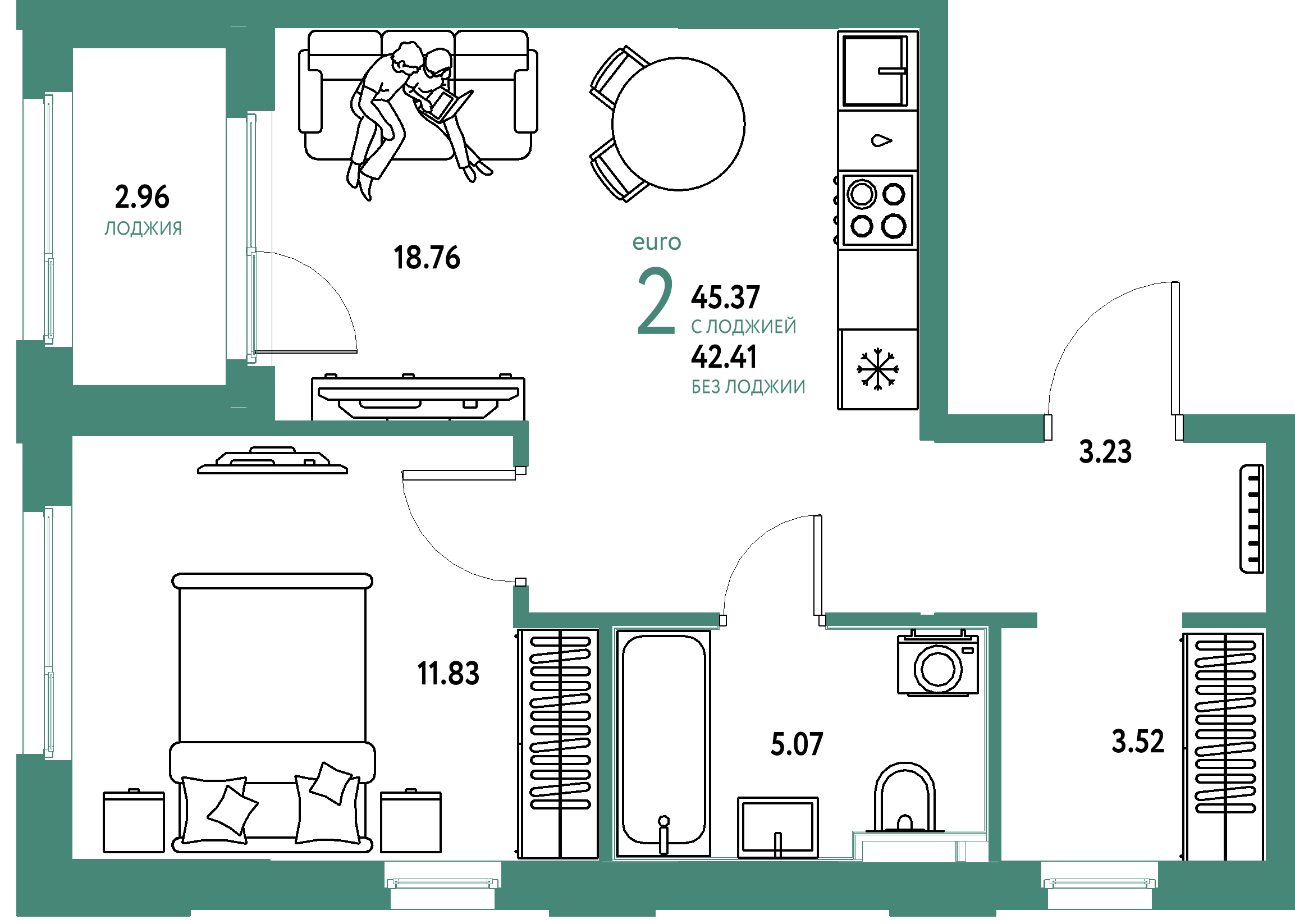 Планировка: Евродвушка 45,37 м² в ЖК «Сердце Сибири»