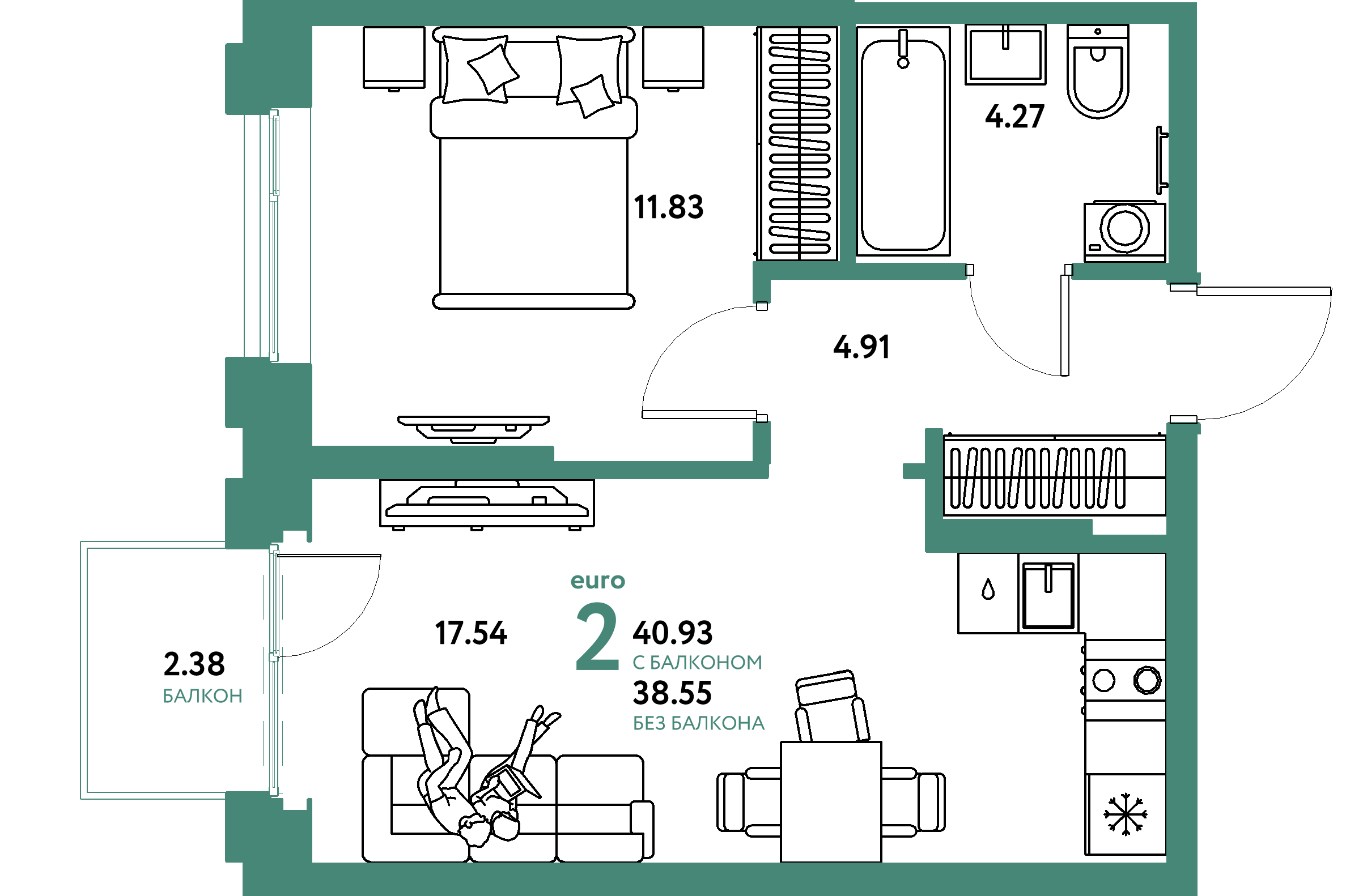 Планировка: Евродвушка 40,93 м² в ЖК «Европейский берег 2.0»