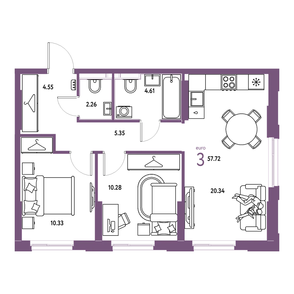 Планировка: Евротрёшка 57,72 м²