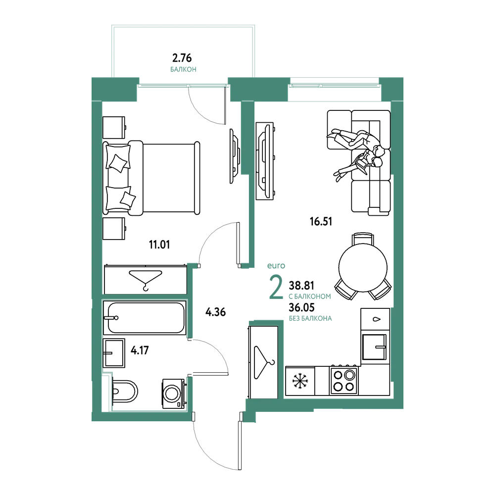 Планировка: Евродвушка 38,81 м²