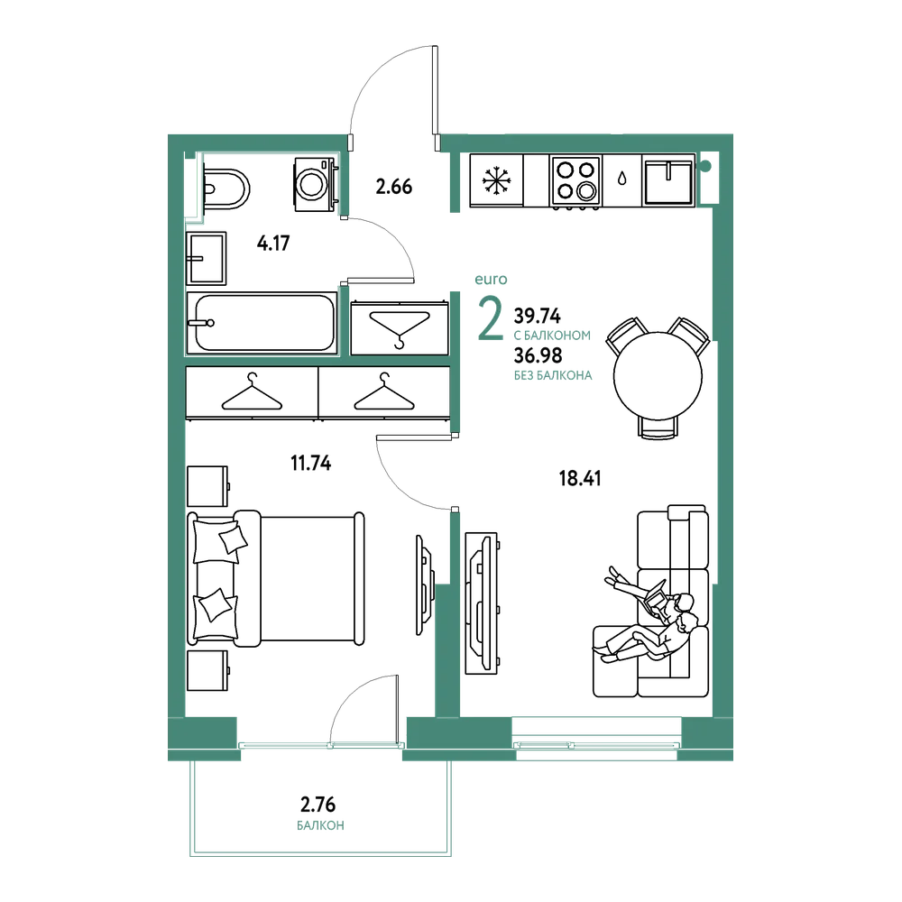 Планировка: Евродвушка 39,74 м²