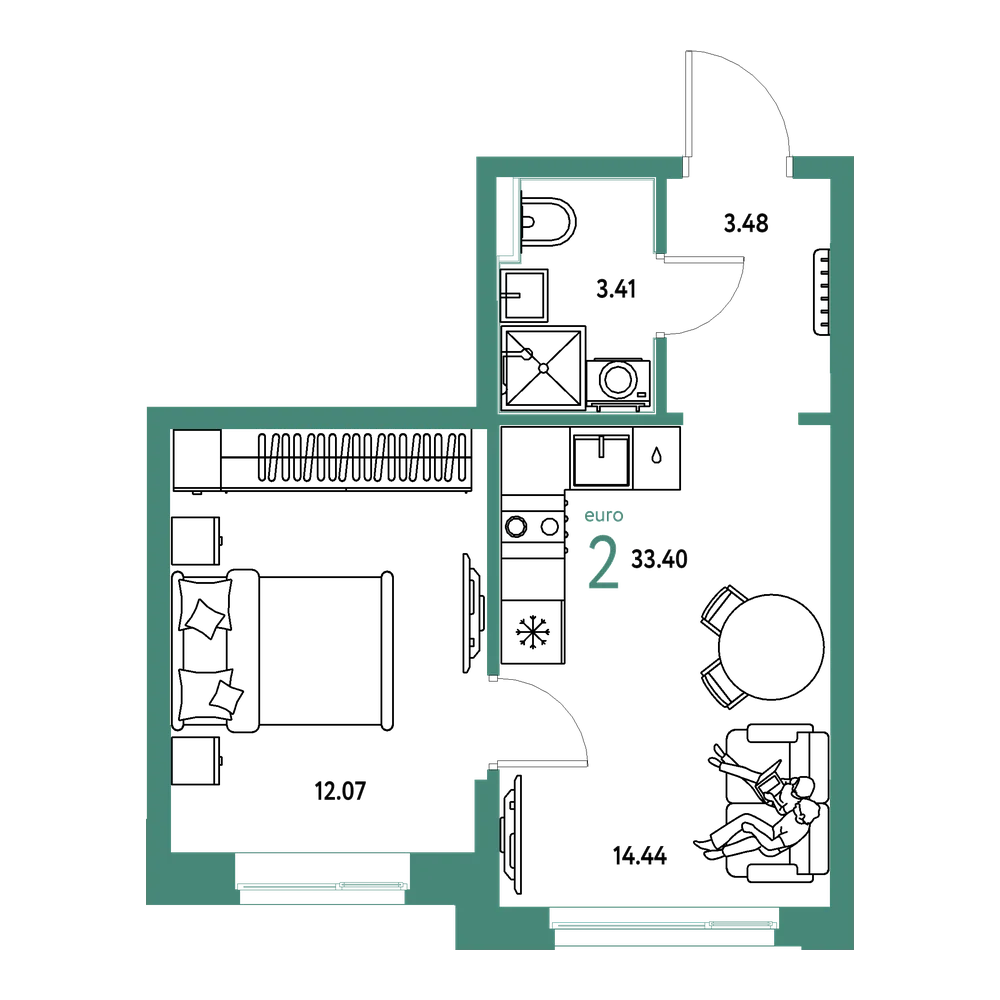 Планировка: Евродвушка 33,4 м²