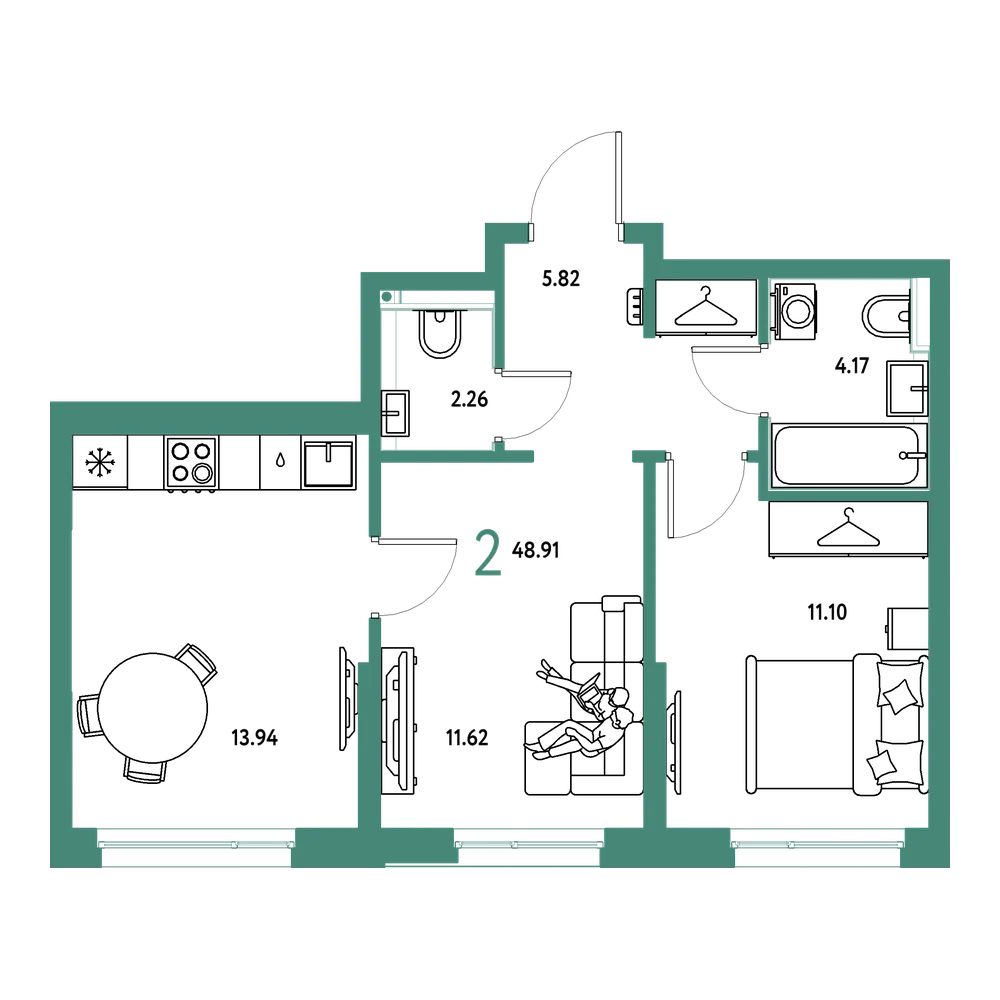 Планировка: 2-комнатная 48,91 м²