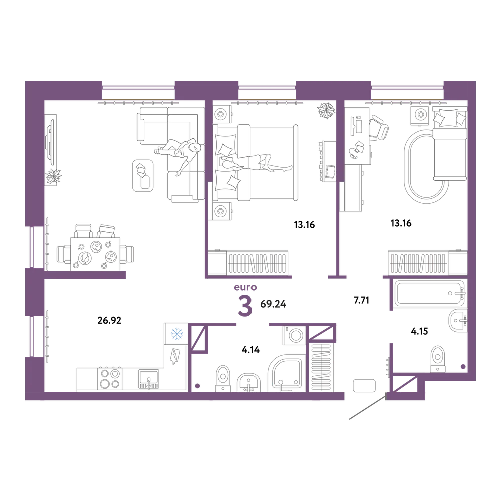 Планировка: Евротрёшка 69,24 м²