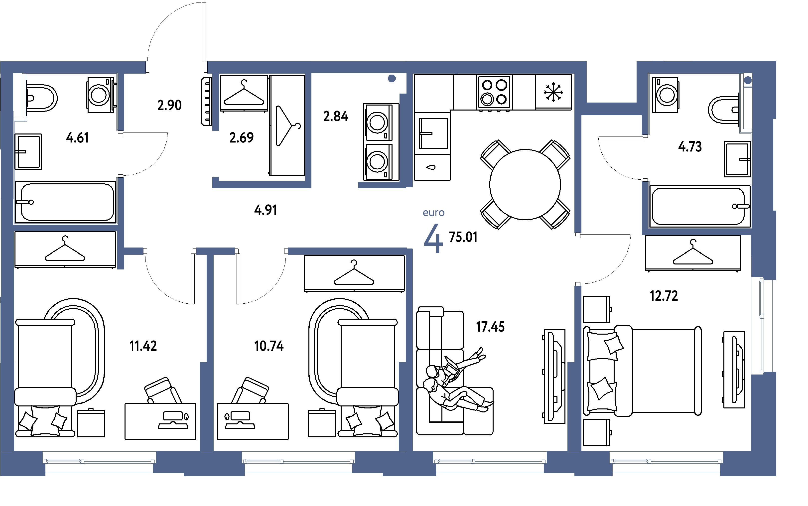 Планировка: Евро-4 75,01 м² в ЖК «Европейский берег 2.0»