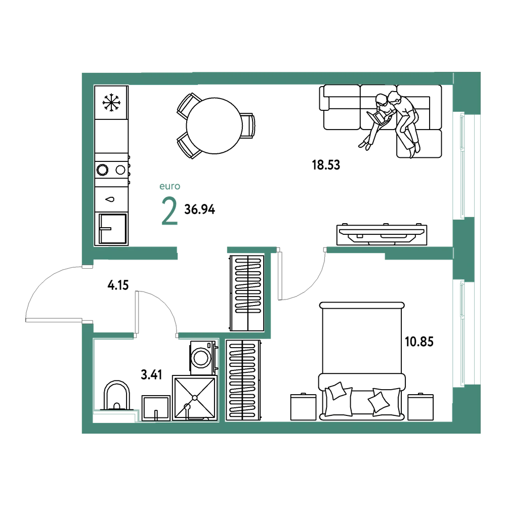 Планировка: Евродвушка 36,94 м²