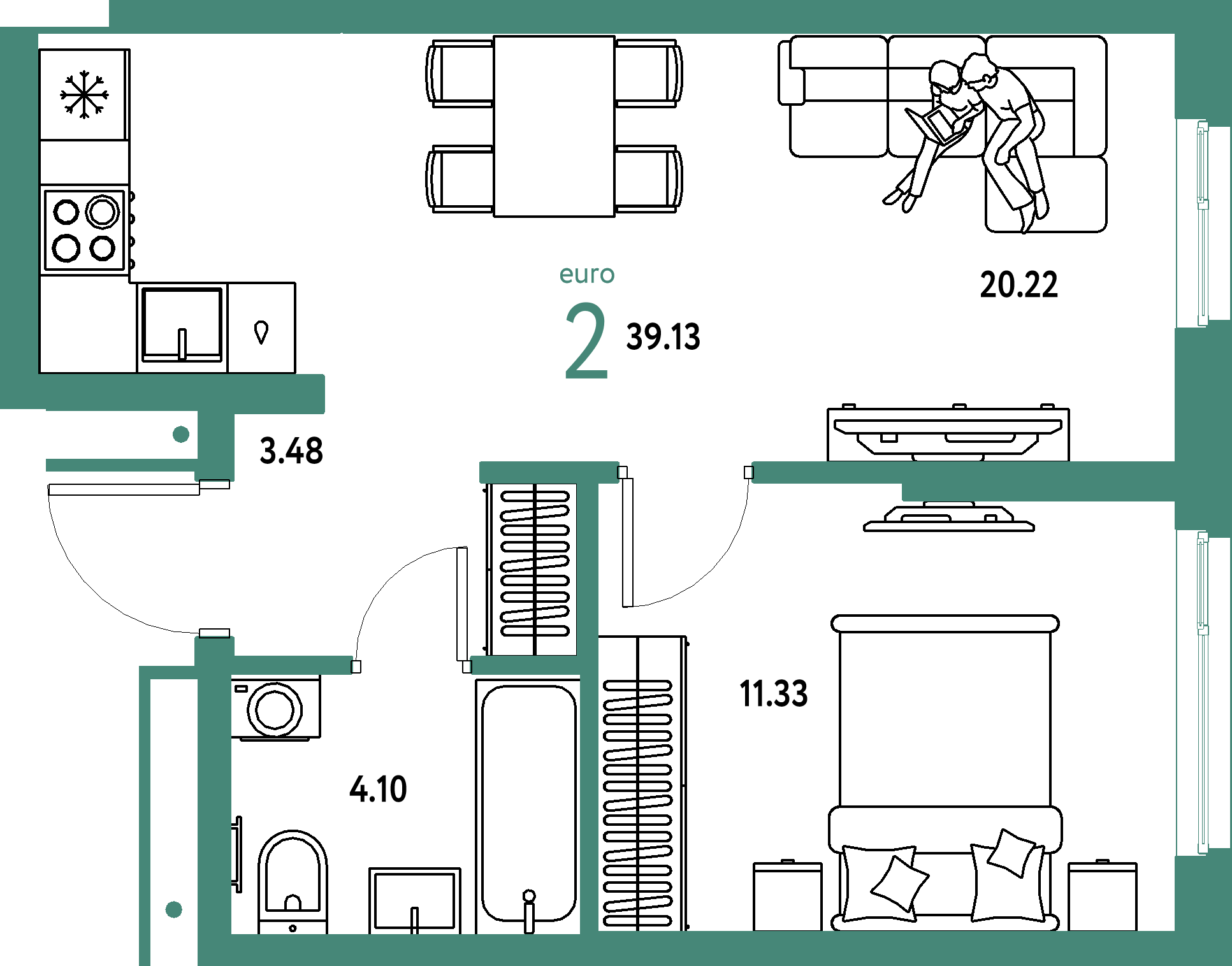 Планировка: Евродвушка 39,13 м² в ЖК «Домашний»