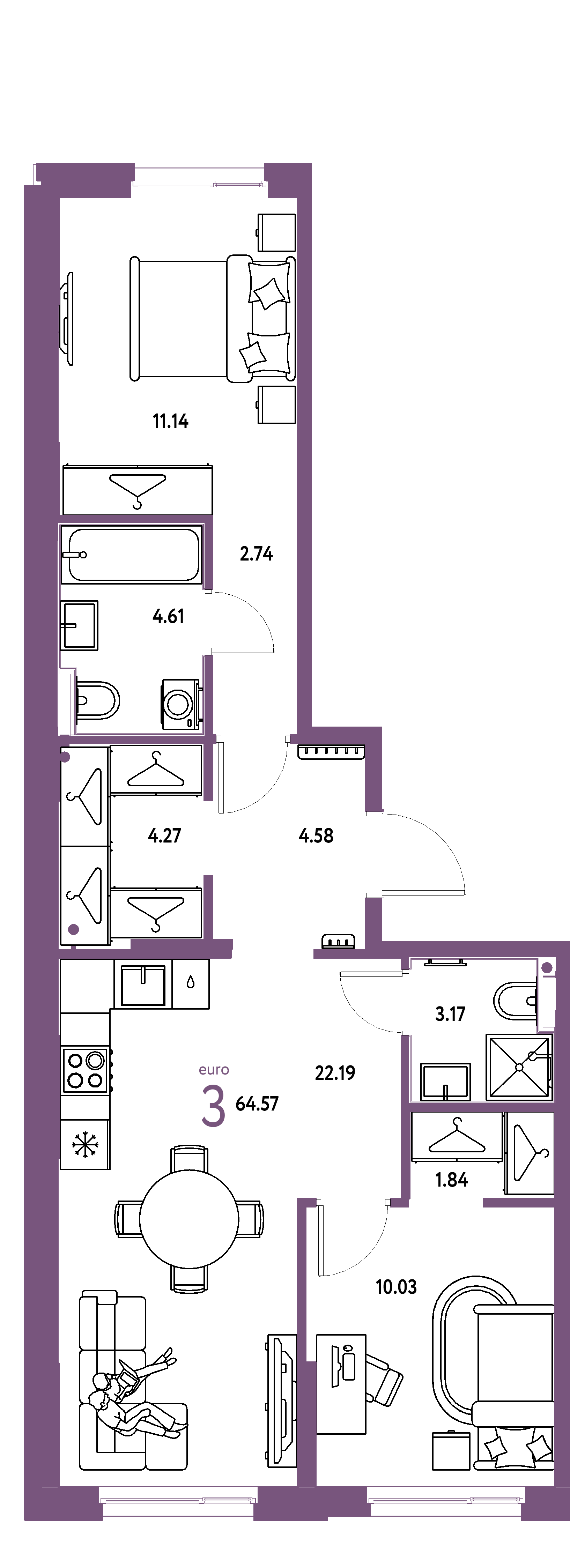 Планировка: Евротрёшка 64,57 м² в ЖК «Европейский берег 2.0»