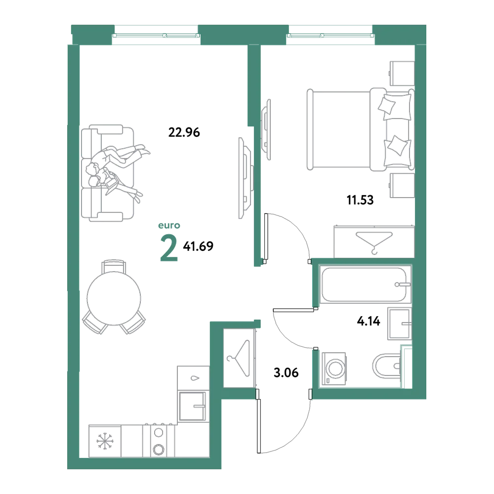 Планировка: Евродвушка 41,69 м²